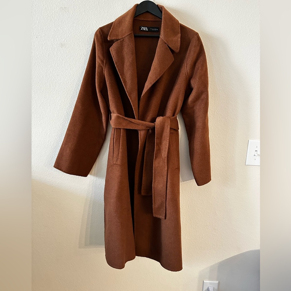 Zara Wool Blend Belted Wrap Coat Blogger Favorite Brown Toffee Medium - Picture 6 of 9